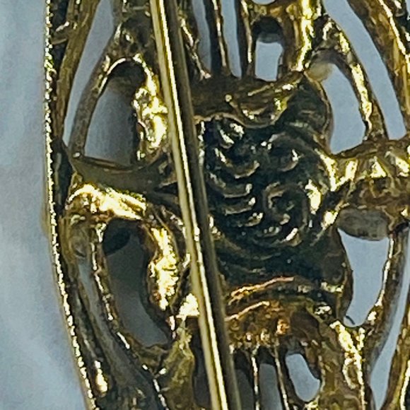 Art Deco Pin Brooch Gold Tone Faux Black Onyx Clear Rhinestone Vintage Jewelry - Picture 12 of 16